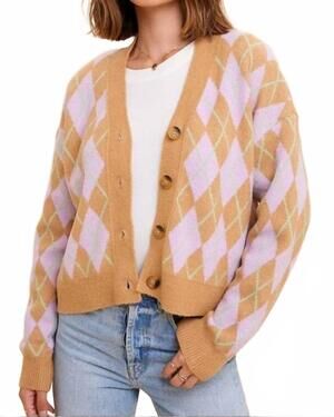 NEW IN-LOOM retro vibes argyle patterned jacquard cardigan sweater in beige